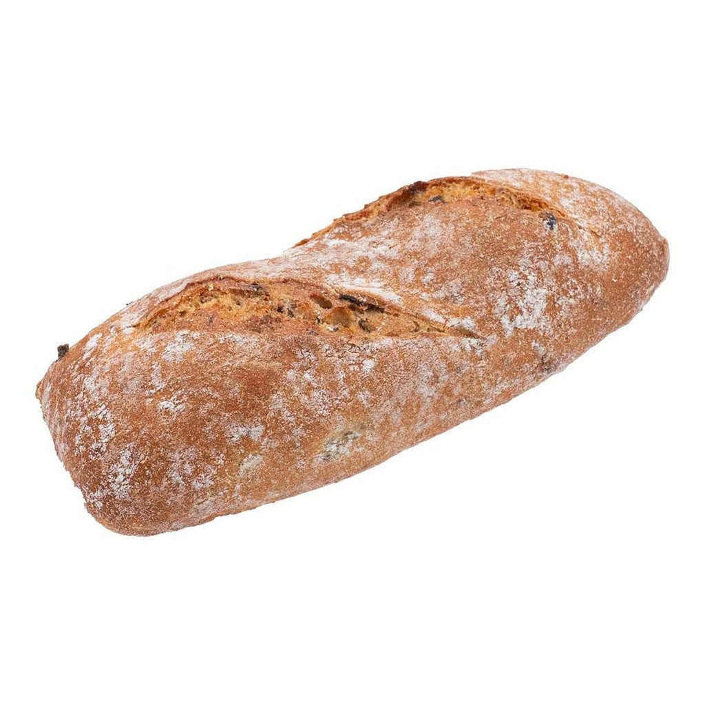 Baguette con olive, pomodoro e basilico